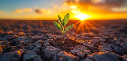 A small plant is growing in the desert. The sun is setting in the background, casting a warm glow on the plant. The scene is serene and peaceful, with the plant standing out against the harsh photo
