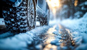 A car tire is covered in snow and the snow is falling on the road. Concept of winter and the challenges of driving in snowy conditions photo