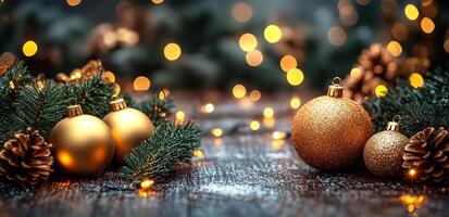 A Christmas tree with gold and silver ornaments and pine cones. The tree is lit up with lights photo