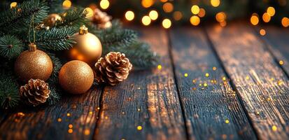 A wooden table with a Christmas tree on it. The tree has gold ornaments and pine cones photo