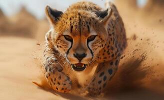 A cheetah is running through the desert, kicking up sand as it goes. Concept of freedom and wildness, as the cheetah is in its natural habitat and running at full speed photo