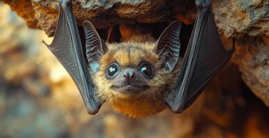 A bat is hanging upside down from a rock. The bat has its eyes open and is looking at the camera photo