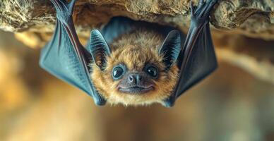 A bat is hanging upside down from a rock. The bat has a smile on its face and is looking at the camera photo
