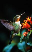 A hummingbird is perched on a flower, with its wings spread out. Concept of freedom and beauty, as the bird is in its natural habitat, enjoying the nectar from the flower photo