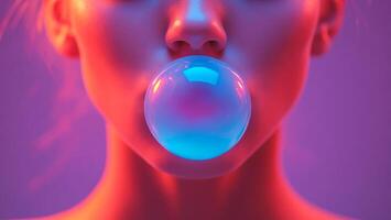 A woman is blowing bubbles with a blue bubble. The bubble is large and is in the center of the woman's face. The image has a playful and fun mood photo