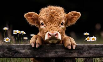 A baby cow is looking at the camera with its head on a wooden fence. The fence is surrounded by a field of daisies photo