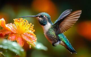 A hummingbird is perched on a flower, drinking nectar. Concept of tranquility and beauty, as the bird is in its natural habitat, enjoying the simple pleasure of feeding on a flower photo