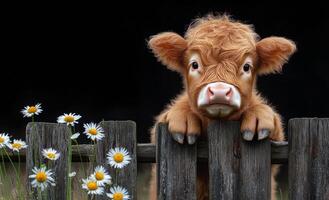 A baby cow is standing in front of a wooden fence with yellow flowers in the background. The cow appears to be curious and is looking at the camera photo