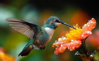 A hummingbird is perched on a flower, drinking nectar. Concept of tranquility and beauty, as the bird is in its natural habitat, enjoying the simple pleasure of feeding on a flower photo