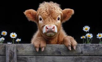 A baby cow is standing in front of a wooden fence with flowers in the background. The cow is looking at the camera with a curious expression photo