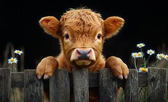A baby cow is standing in front of a wooden fence. The fence is wooden and has a few flowers growing around it. The cow is looking at the camera, and the scene has a peaceful and calm mood photo
