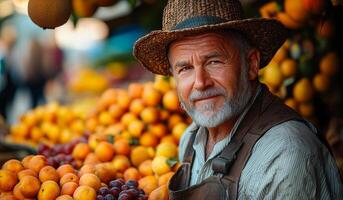A man wearing a straw hat stands in front of a fruit stand. He is smiling and he is enjoying his work photo