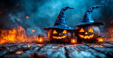 Two witches with blue hats and two pumpkins with orange faces. The witches are standing on a wooden surface with a fire in the background photo