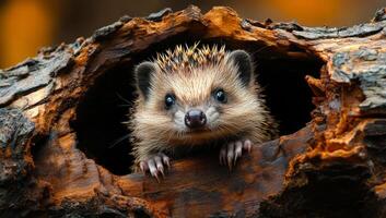 A small brown hedgehog is peeking out of a hole in a log. Concept of curiosity and playfulness, as the hedgehog is exploring its surroundings photo