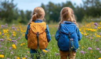 Two young girls are walking through a field of flowers, each carrying a backpack. The scene is peaceful and serene, with the girls enjoying the beauty of nature photo