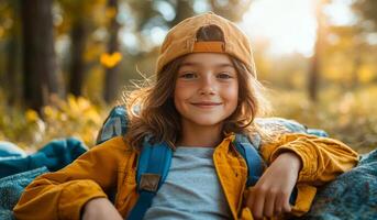 A young girl is sitting in the grass with a yellow hat on and a backpack next to her. She is smiling and looking at the camera photo
