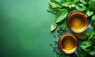 Two cups of tea with green leaves on a table. Scene is calm and relaxing photo