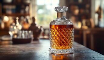 A bottle of liquor sits on a table with a glass next to it. The bottle is clear and has a fancy design on it. The scene is set in a bar or a restaurant, with a window in the background photo