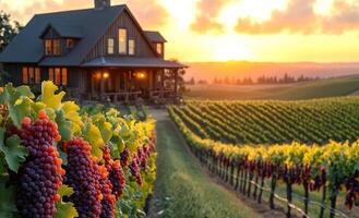 A house with a large yard and a vineyard in the background. The sun is setting, casting a warm glow over the scene photo