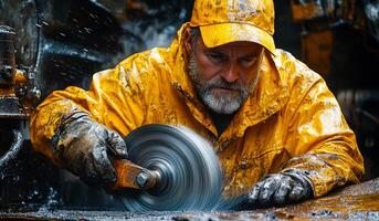 A man in a yellow raincoat is using a circular saw to cut a piece of wood. The man is wearing gloves and a yellow hat. The scene is set in a wet environment photo