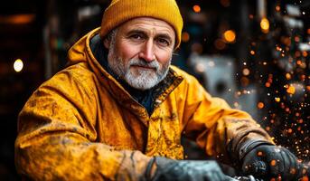 A man in a yellow jacket is sitting on a motorcycle. He has a beard and a beard comb photo