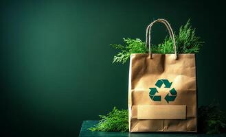 A brown paper bag with a green leaf on it and a recycling symbol. The bag is placed on a table with green leaves surrounding it. Concept of sustainability and the importance of recycling photo