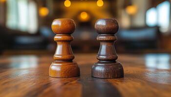 Two wooden chess pieces are sitting on a wooden table. The pieces are identical in color and shape, and they are positioned in a way that they are facing each other photo