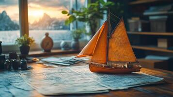A model sailboat sits on a table next to a map. The scene is peaceful and serene, with the sailboat and map representing a journey or adventure photo