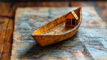 A small boat is floating on a map of the world. The boat is yellow and is placed on top of the map photo
