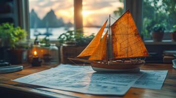 A model sailboat sits on a table next to a map. The scene is peaceful and serene, with the sailboat and the map representing a journey or adventure photo