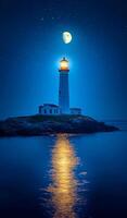 A lighthouse is lit up at night with a full moon in the background. The scene is serene and peaceful, with the lighthouse standing tall on a rocky shoreline photo