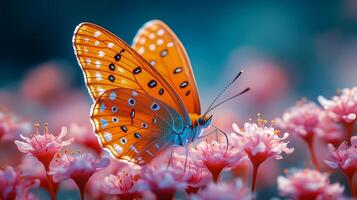 A butterfly is sitting on a bed of pink flowers. The butterfly is orange and has black spots. The flowers are pink and are arranged in a way that makes the butterfly stand out photo