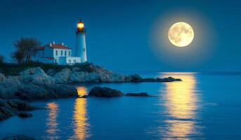 A lighthouse is on a rocky shoreline with a large full moon in the sky. The moon is reflecting on the water, creating a serene and peaceful atmosphere photo
