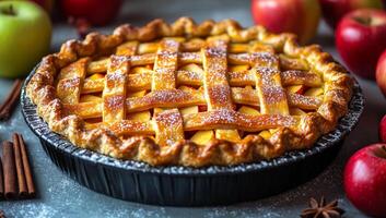 A pie with a lattice crust and apples on top photo