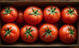 A box of tomatoes with a few drops of water on them. The tomatoes are red and shiny photo