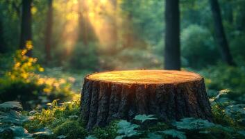A tree stump sits in the middle of a forest. The stump is surrounded by green moss and leaves, and the sunlight is shining on it, creating a peaceful and serene atmosphere photo