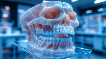 A skull is displayed on a table with a blue background. The skull is made of plastic and has a white filling in its mouth. Concept of curiosity and fascination with the human body and its anatomy photo