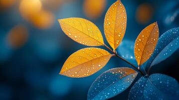 A leaf with water droplets on it is shown in a blue and orange background. The leaf is surrounded by a blue and orange hue, creating a sense of harmony and balance photo