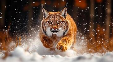 A cat is running through the snow, leaving a trail of paw prints behind it. Concept of freedom and playfulness, as the cat is enjoying its time outdoors in the winter weather photo