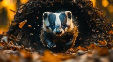 A small black and white badger is running through a pile of leaves. The leaves are orange and brown, and the badger is surrounded by them. Scene is playful and energetic photo