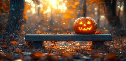 A pumpkin with a smiley face on it sits on a bench in a forest. The pumpkin is lit up, creating a warm and inviting atmosphere. Concept of Halloween and the joy of the season photo