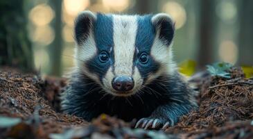 A small black and white striped badger is looking at the camera. The badger is in a hole in the ground and he is curious about the camera photo