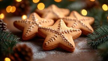 Three star shaped cookies with gold and silver decorations on them. They are sitting on a table with pine needles and pine branches photo