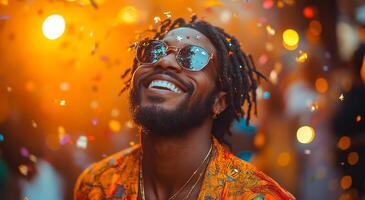 A man with a beard and dreadlocks is smiling and wearing sunglasses. He is surrounded by confetti photo