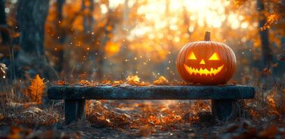 A pumpkin with a scary face is sitting on a bench in a forest. The pumpkin is lit up, creating a spooky atmosphere. Concept of Halloween and the excitement of the holiday season photo