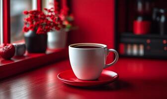 A white coffee cup with a red saucer sits on a table in front of a window. The scene is cozy and inviting, with the coffee cup photo