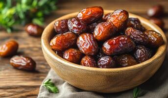 A bowl of dried fruit, including raisins and dates, sits on a wooden table. The bowl is filled with a variety of dried fruit, including some that are still in their shells photo