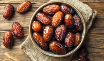 A bowl of dried fruit, including raisins and dates, sits on a wooden table. The bowl is filled with a variety of dried fruit, including some that are still in their shells photo