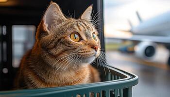A cat is sitting in a basket on the ground. The cat is looking at the camera with a curious expression photo