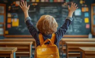 A young child is standing in front of a blackboard with his hands raised. The child is wearing a yellow backpack and is in a classroom setting. Concept of excitement and enthusiasm photo